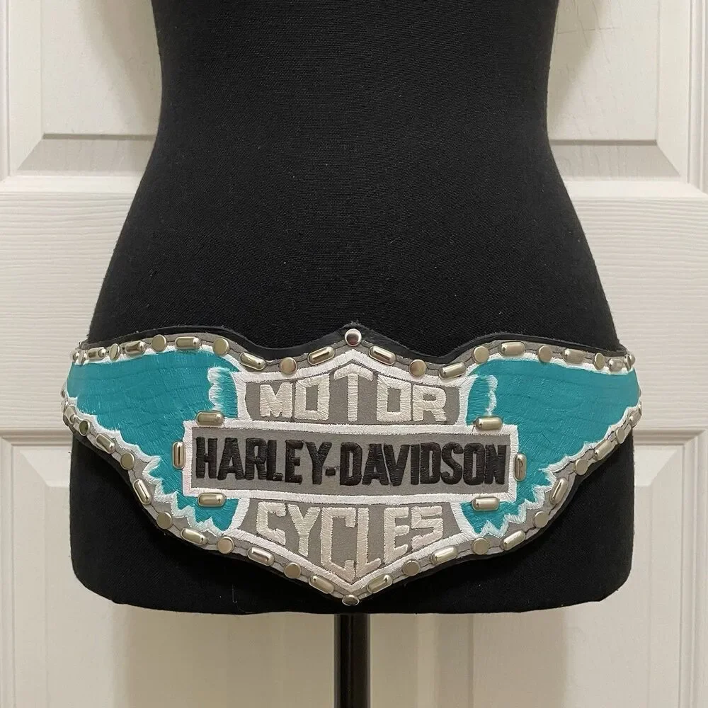 Vintage Harley Davidson Motor Cycles Leather Belt Studs Chain Biker RARE Painted